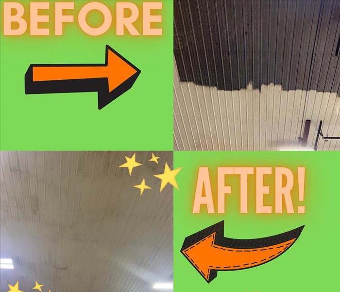 before and after of a soot stained ceiling
